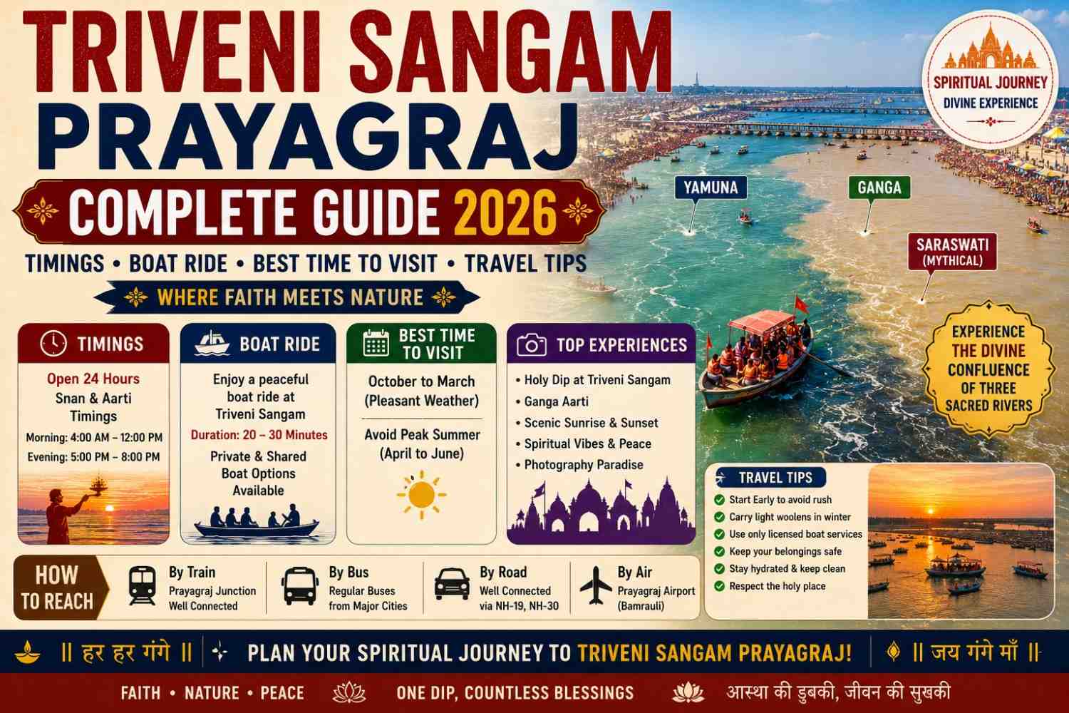 Triveni Sangam Prayagraj Complete Guide 2026 – Timings, Boat Ride, Best Time to Visit & Travel Tips